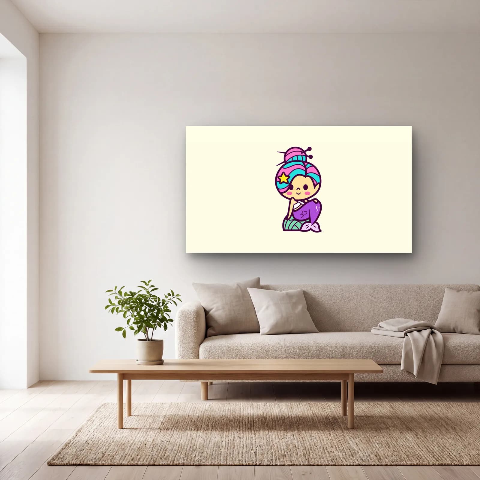 Kawaii Topuzlu Deniz Kızı cam tablo — açık renk salonda