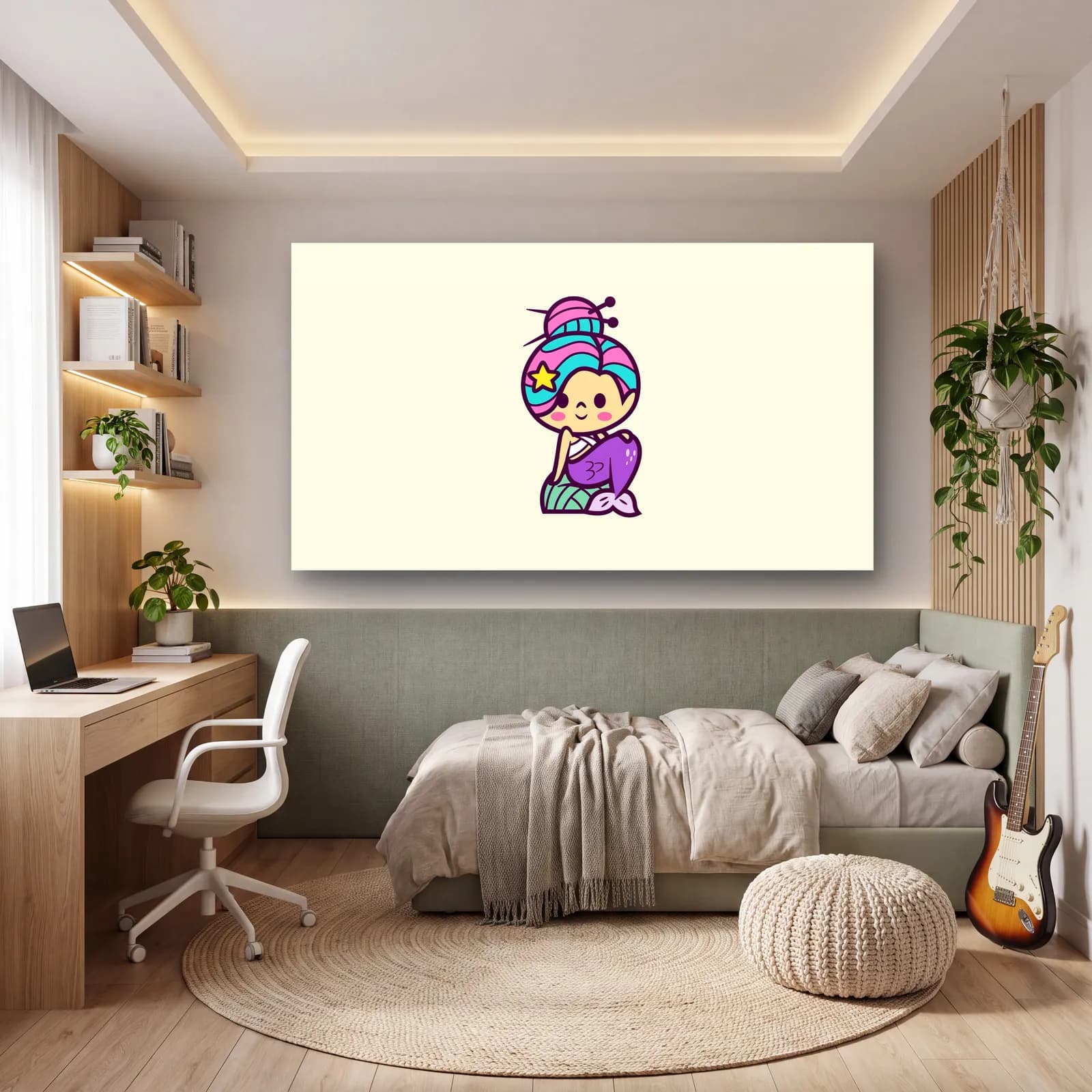 Kawaii Topuzlu Deniz Kızı cam tablo — genç odasında