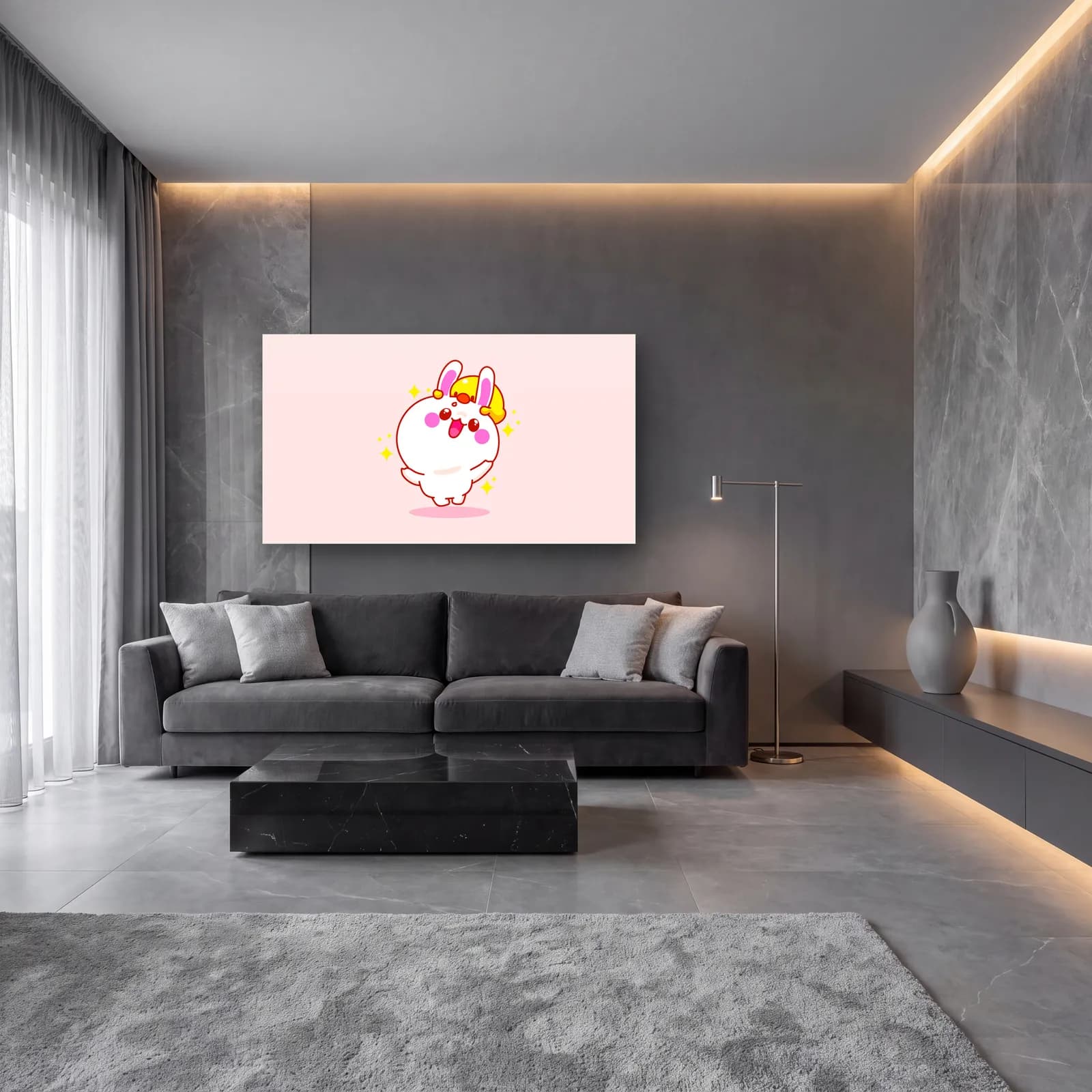 Kawaii Beyaz Tavşan cam tablo — lüks salon duvarında