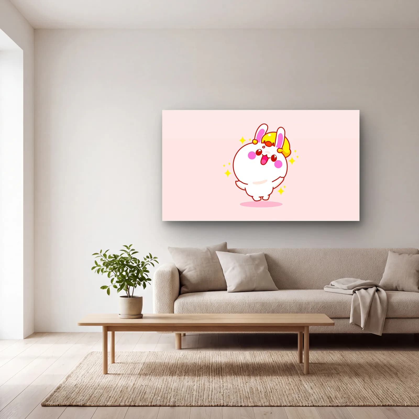 Kawaii Beyaz Tavşan cam tablo — açık renk salonda