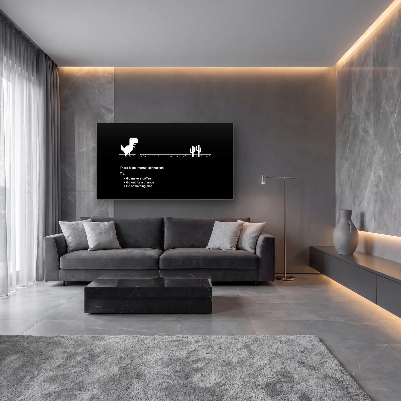 İnternet Yok Dinozor cam tablo — lüks salon duvarında