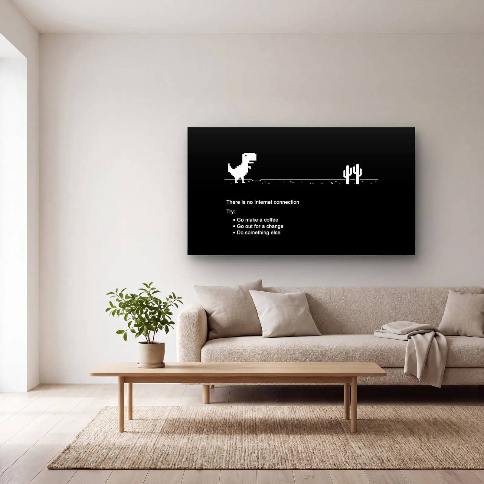 İnternet Yok Dinozor cam tablo — açık renk salonda