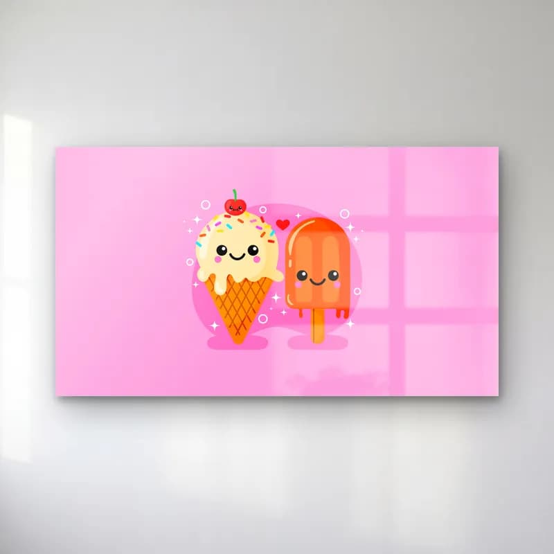 Kawaii Dondurma İkilisi cam tablo — Pembe arka planda gülümseyen kirazlı külah dondurma ve turuncu buz dondurma