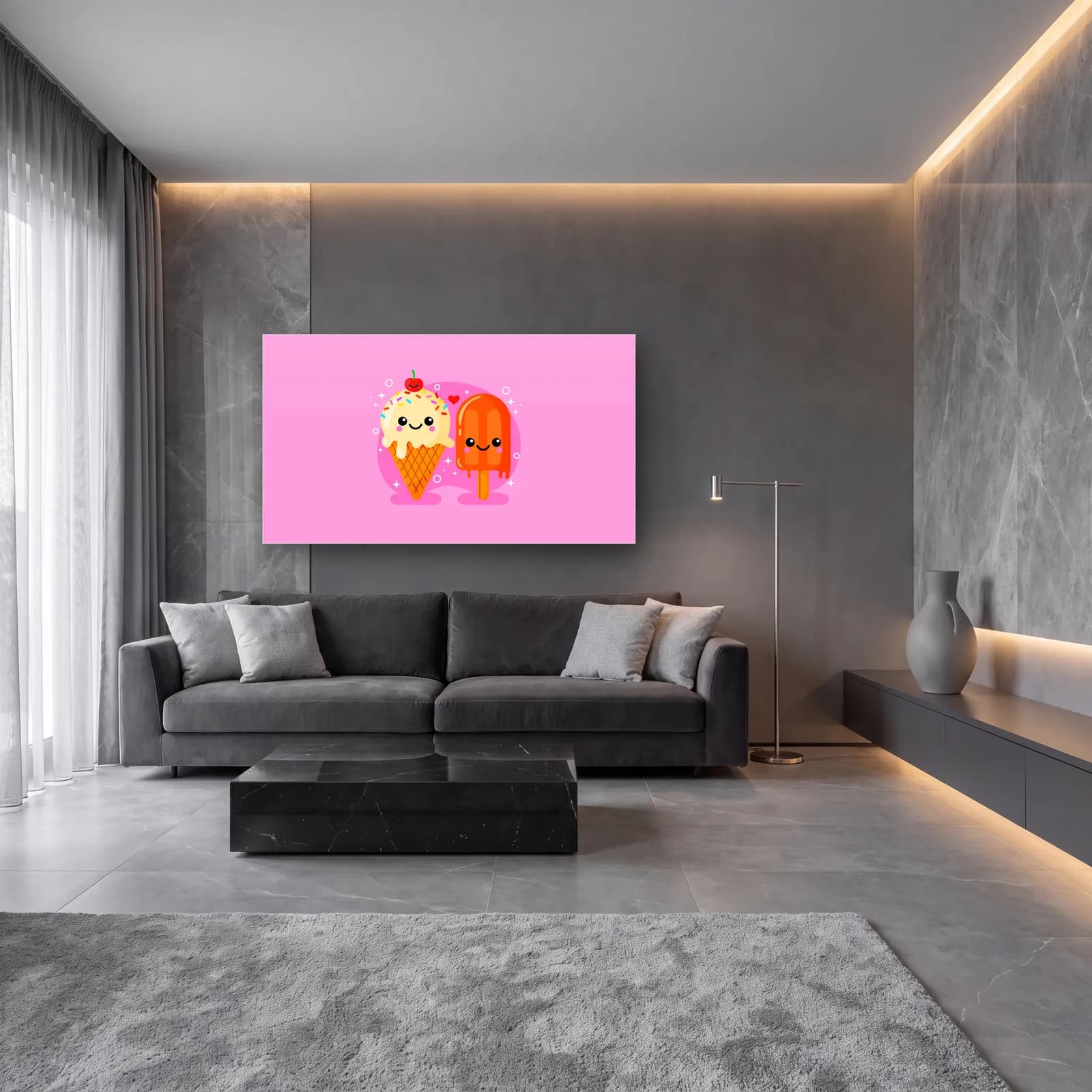 Kawaii Dondurma İkilisi cam tablo — lüks salon duvarında
