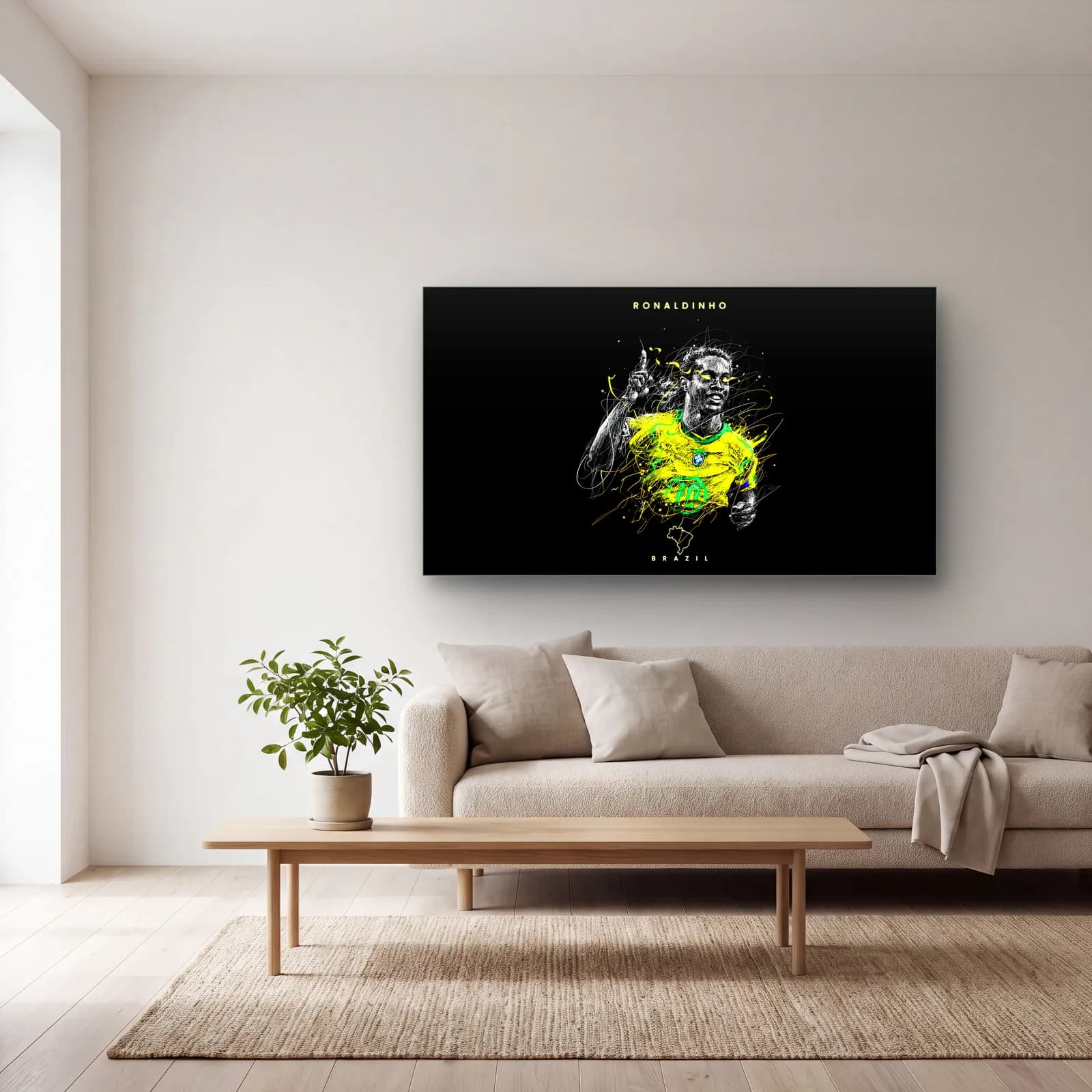 Ronaldinho Boya Sıçramalı cam tablo — açık renk salonda