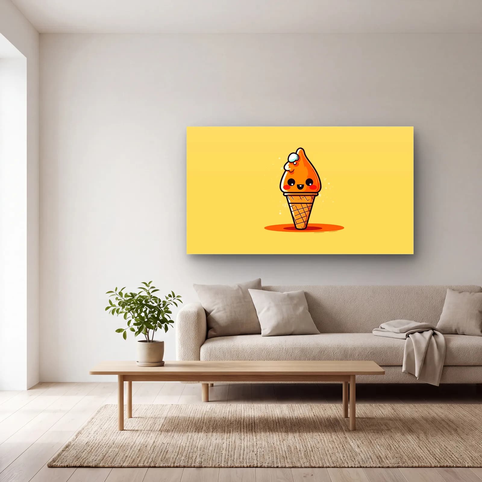 Kawaii Turuncu Külah Dondurma cam tablo — açık renk salonda