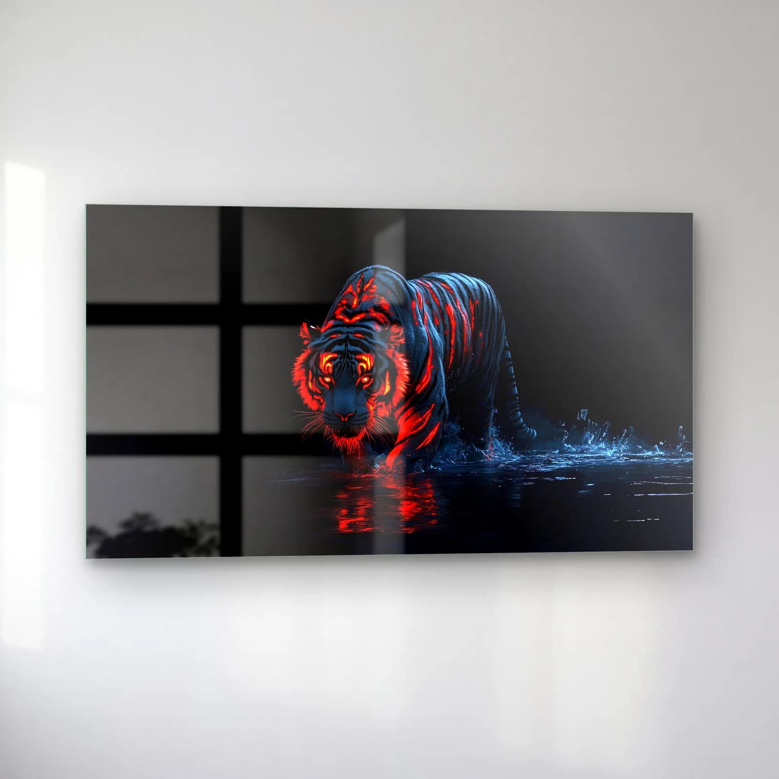 Suda Yürüyen Neon Kaplan cam tablo — sol açıdan görünüm