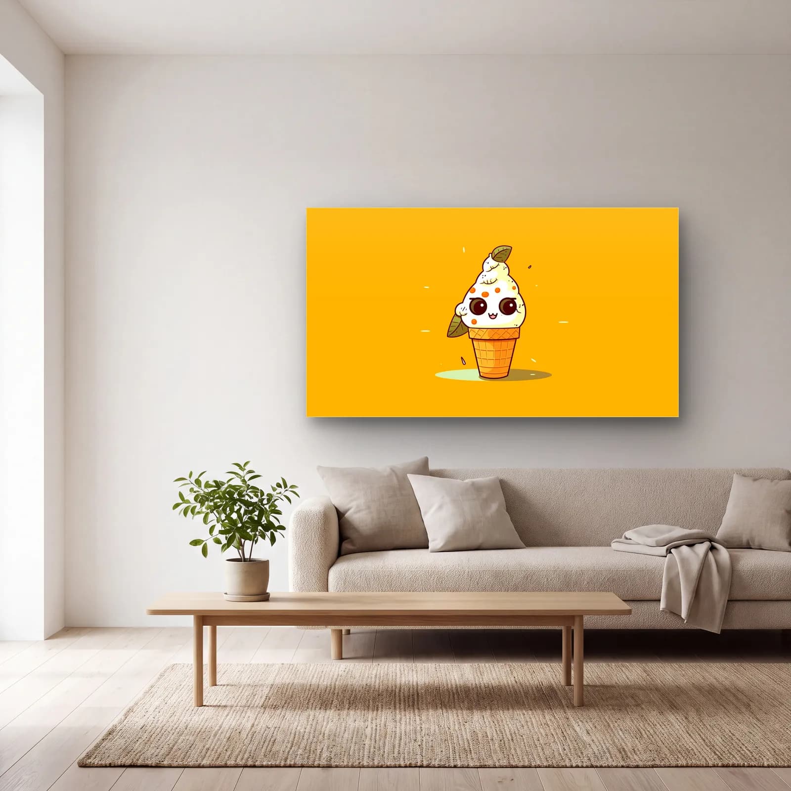 Kawaii Kremalı Dondurma cam tablo — açık renk salonda