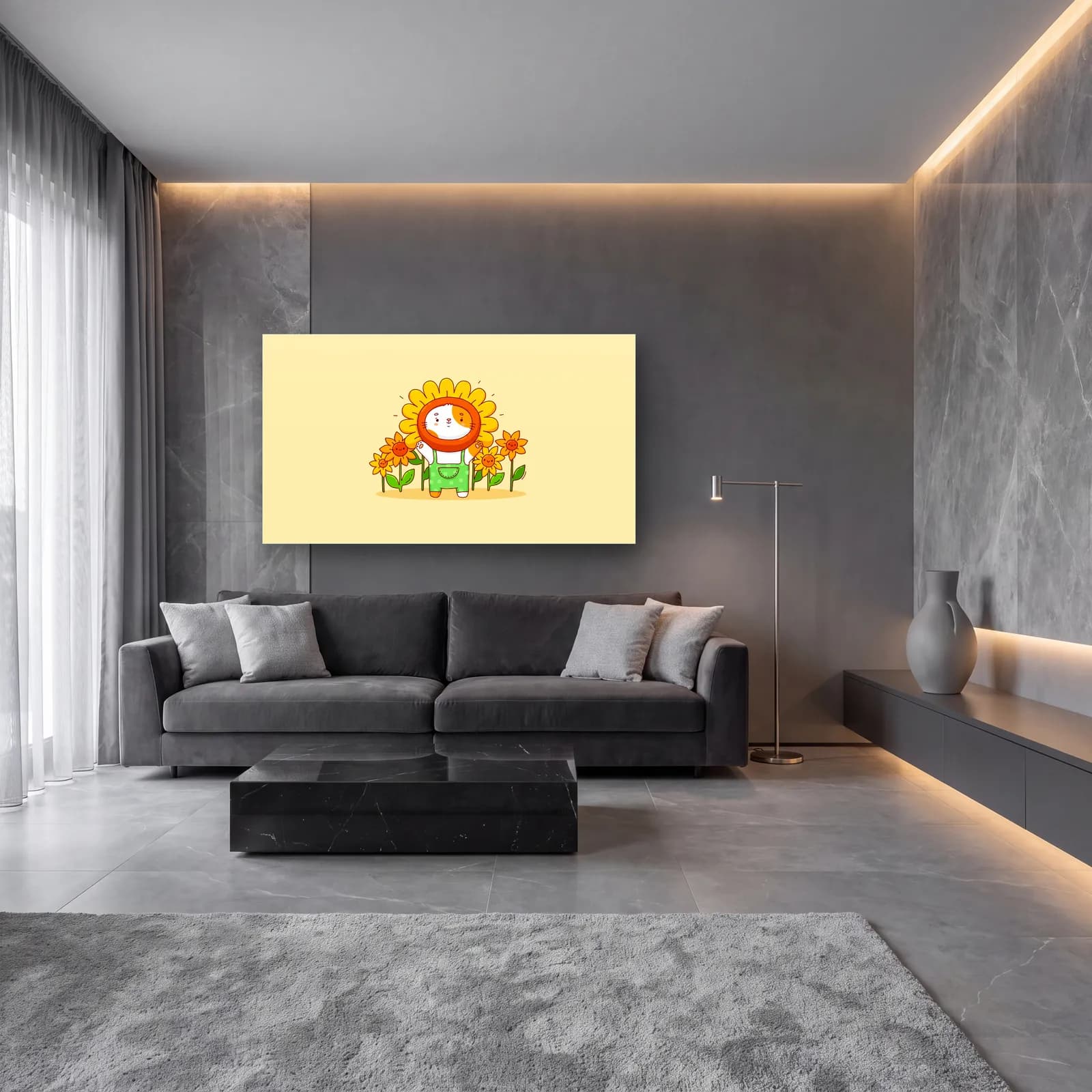 Ayçiçeği Kostümlü Kedi cam tablo — lüks salon duvarında