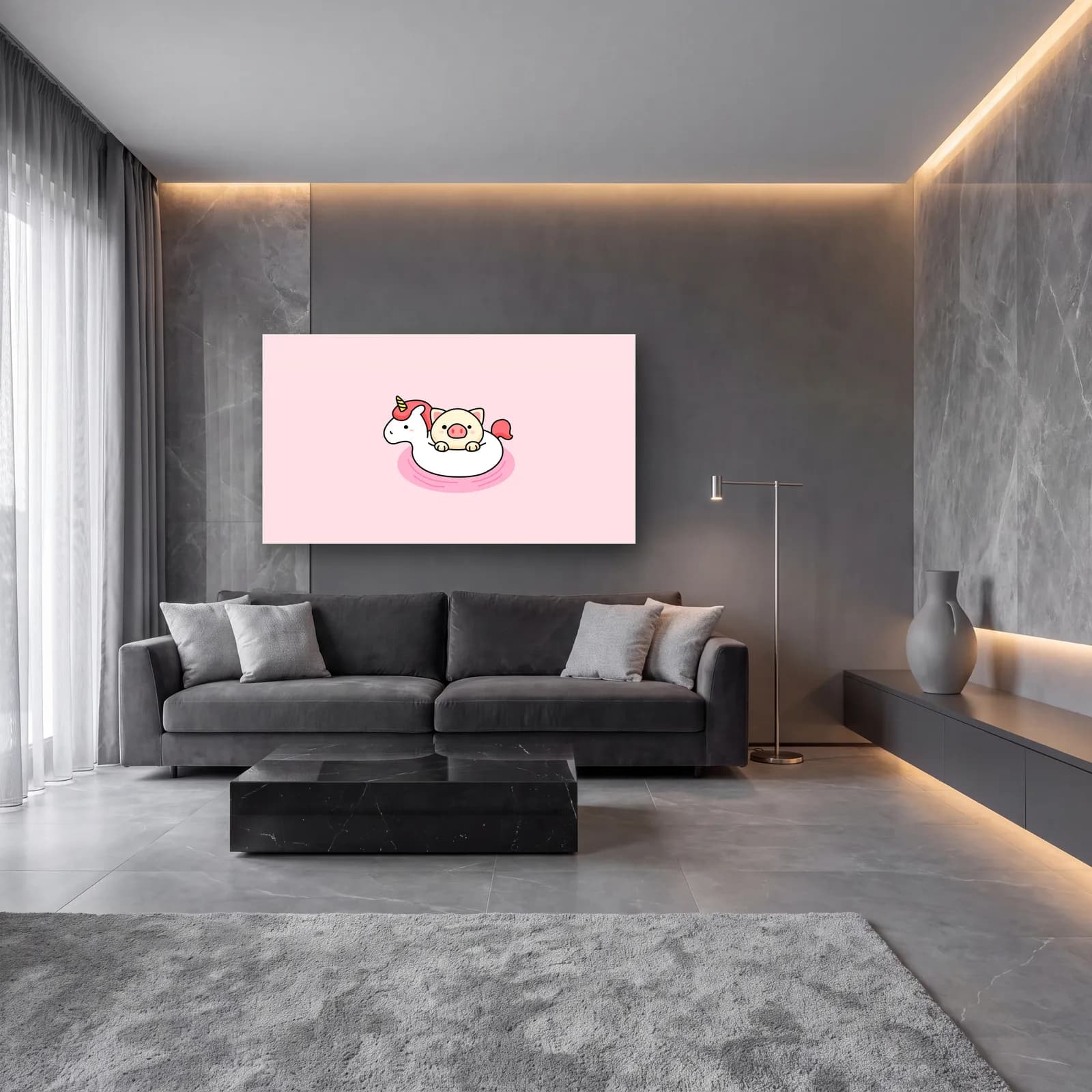 Unicorn Simitte Sevimli Domuz cam tablo — lüks salon duvarında