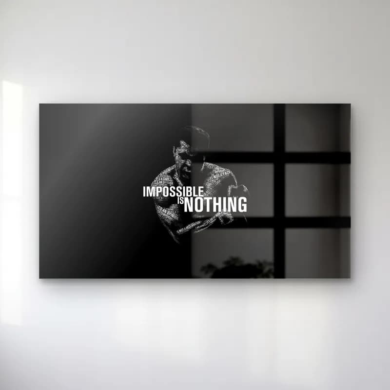 Impossible Is Nothing Boksör cam tablo — Siyah zeminde boksör portresi ve Impossible Is Nothing yazısı