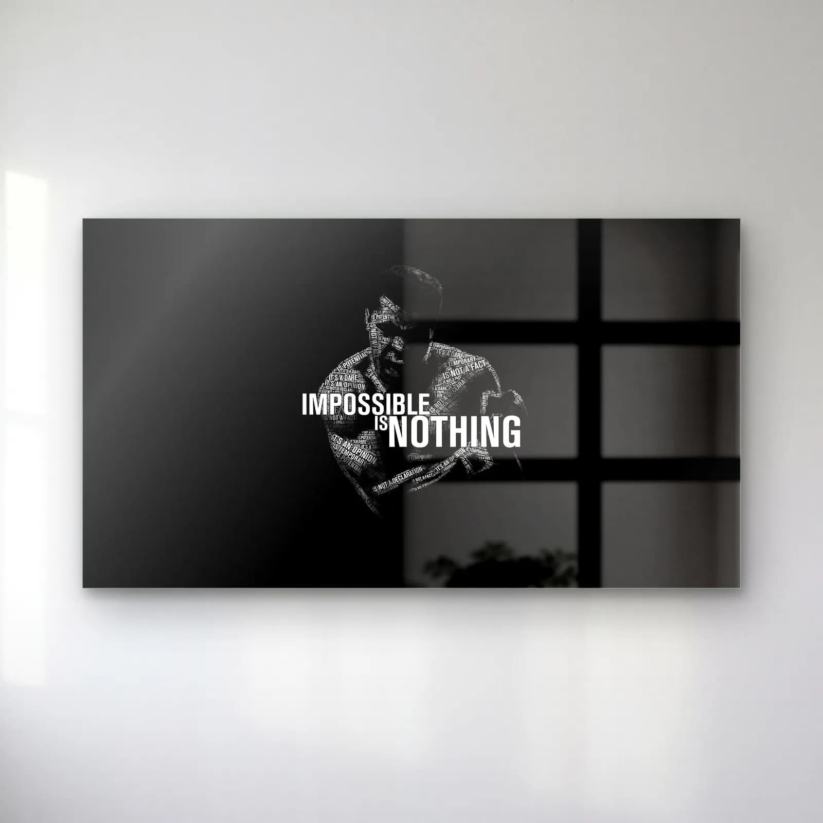 Impossible Is Nothing Boksör cam tablo — Siyah zeminde boksör portresi ve Impossible Is Nothing yazısı