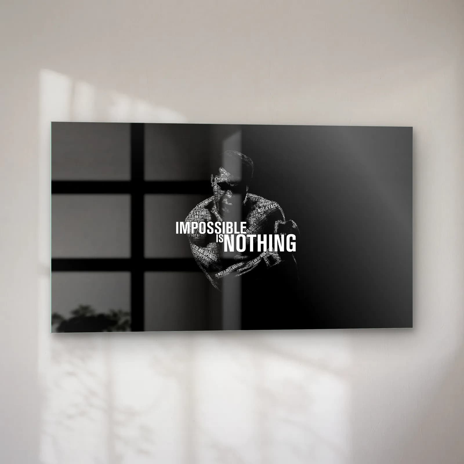 Impossible Is Nothing Boksör cam tablo — sol açıdan görünüm