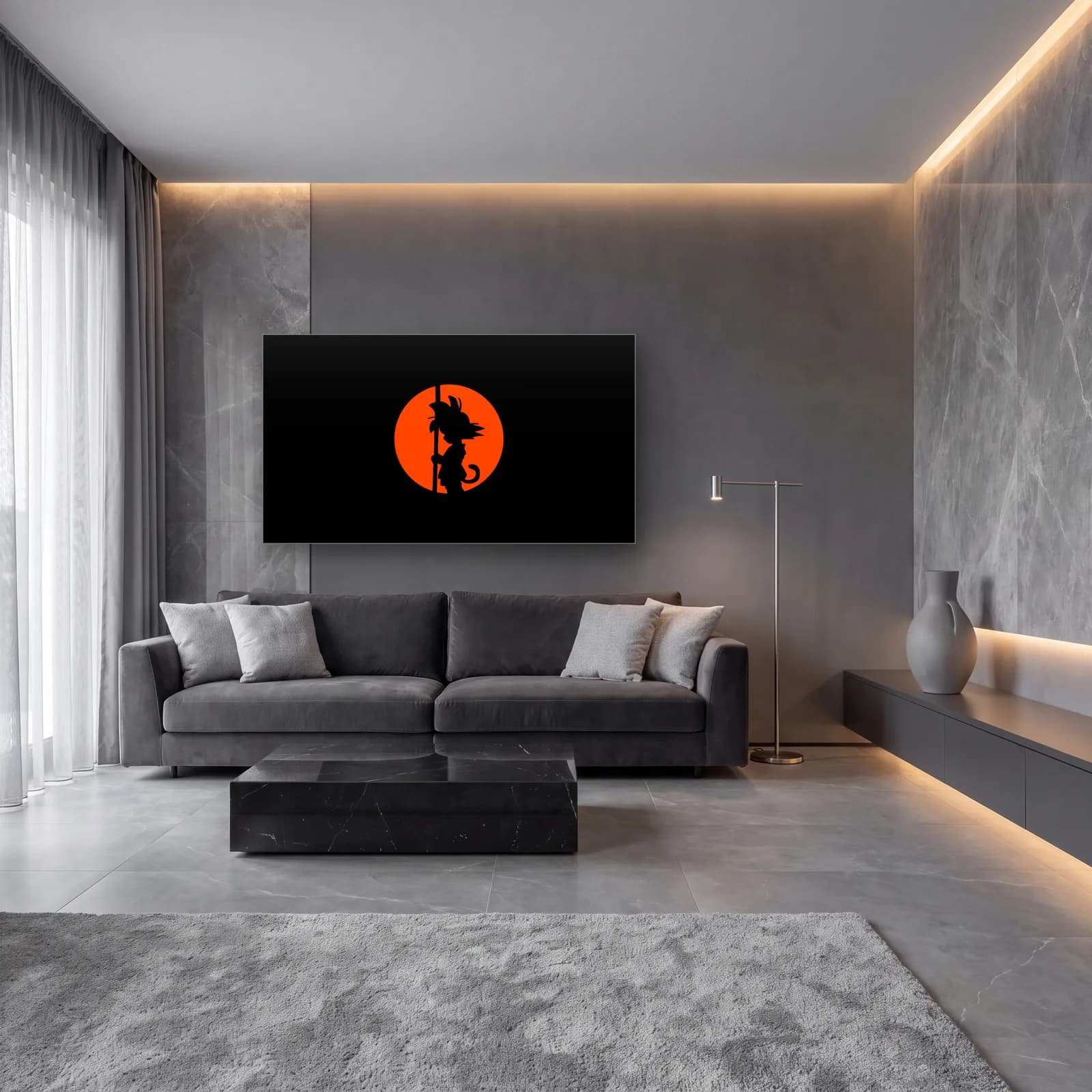 Goku Silueti Turuncu Güneş cam tablo — lüks salon duvarında