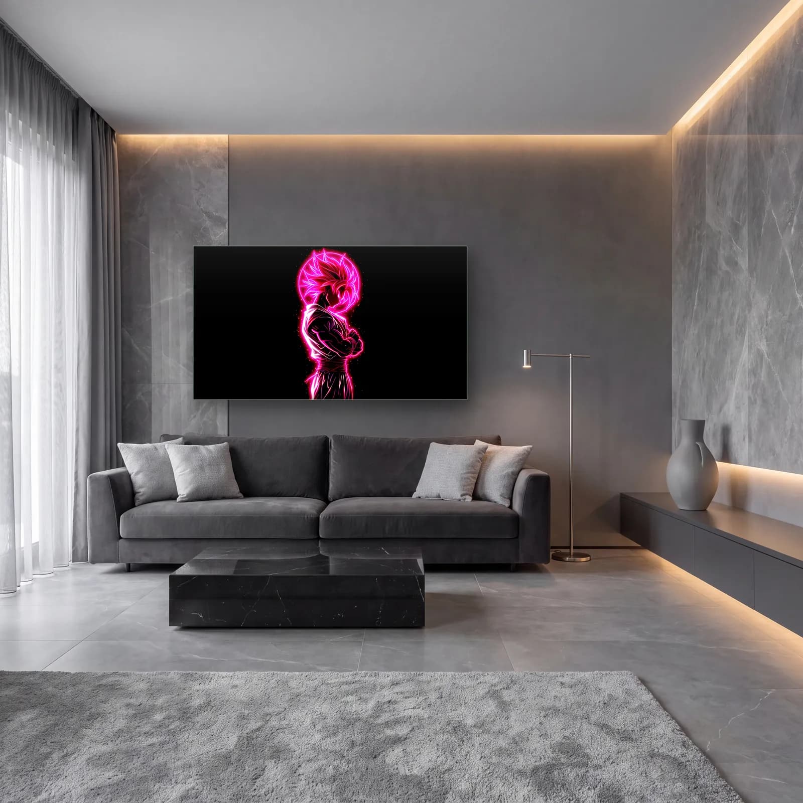Neon Pembe Goku cam tablo — lüks salon duvarında