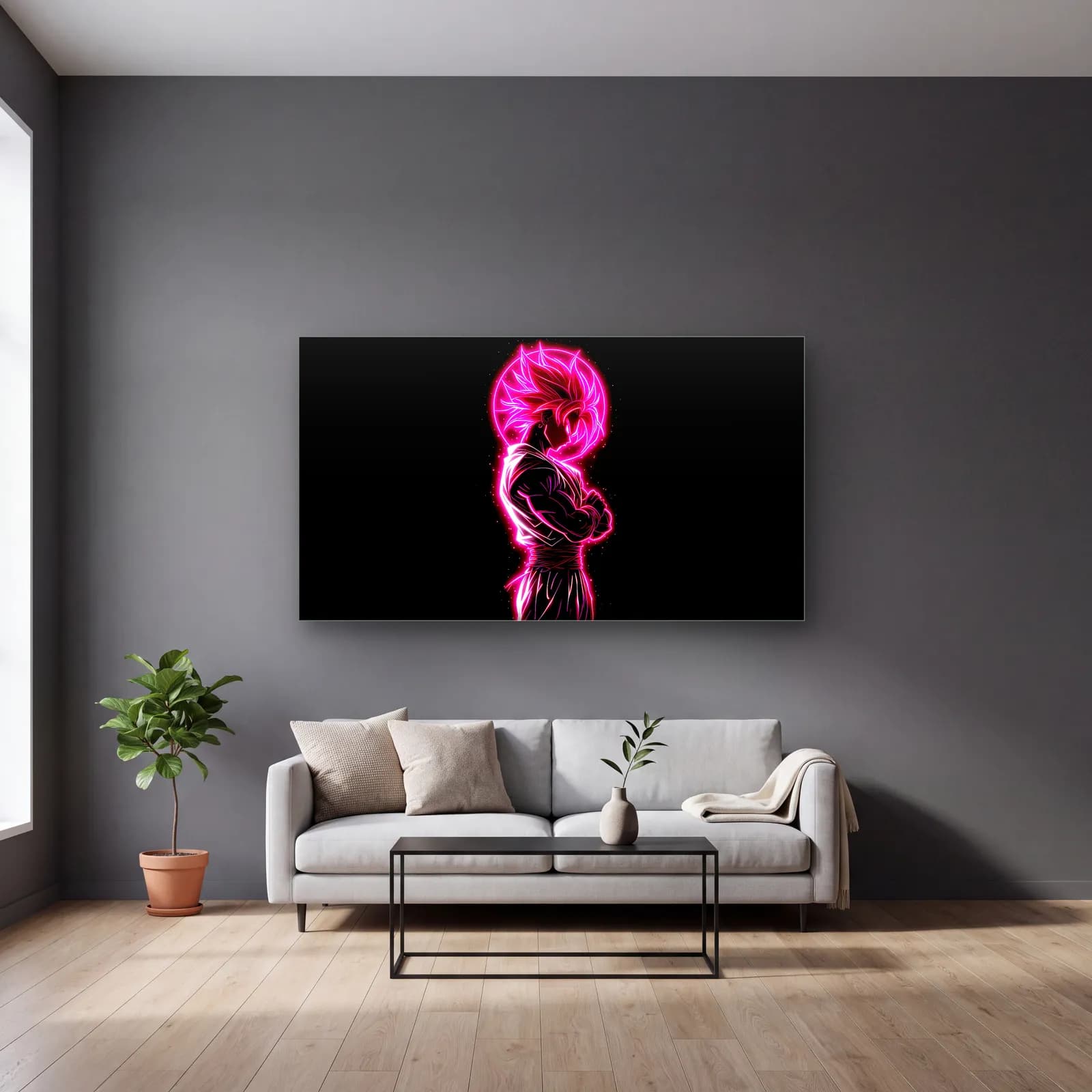 Neon Pembe Goku cam tablo — gri duvarlı salonda