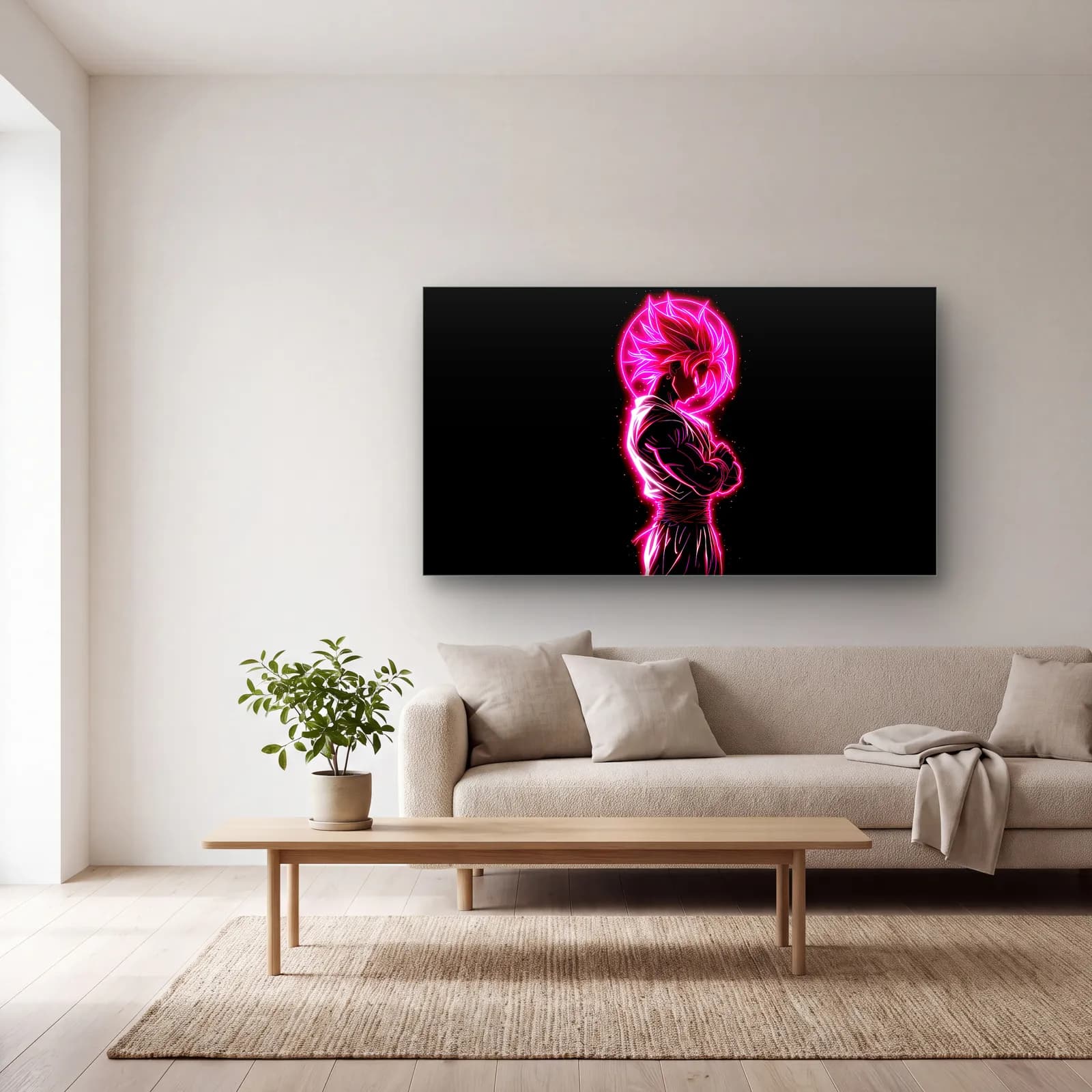 Neon Pembe Goku cam tablo — açık renk salonda
