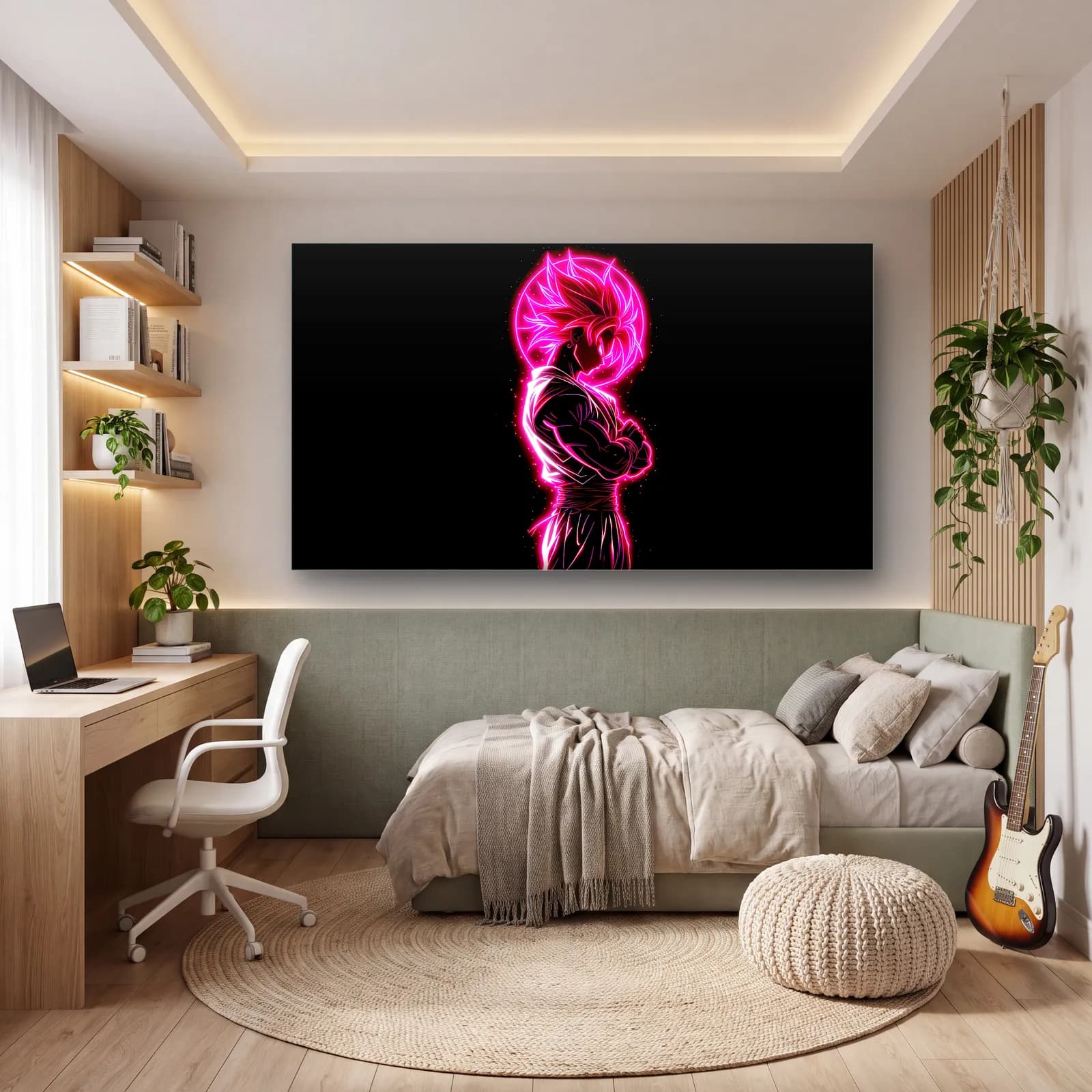 Neon Pembe Goku cam tablo — genç odasında