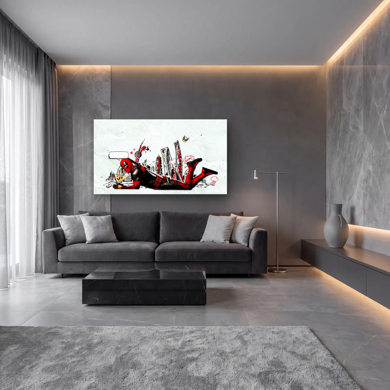 Şehirde Uzanan Deadpool cam tablo — lüks salon duvarında