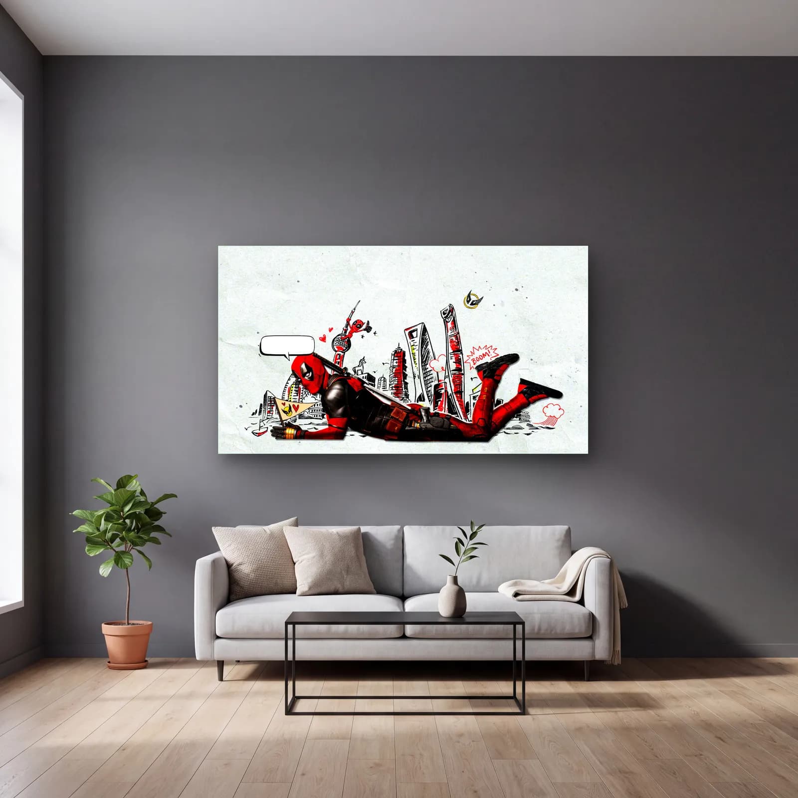 Şehirde Uzanan Deadpool cam tablo — gri duvarlı salonda