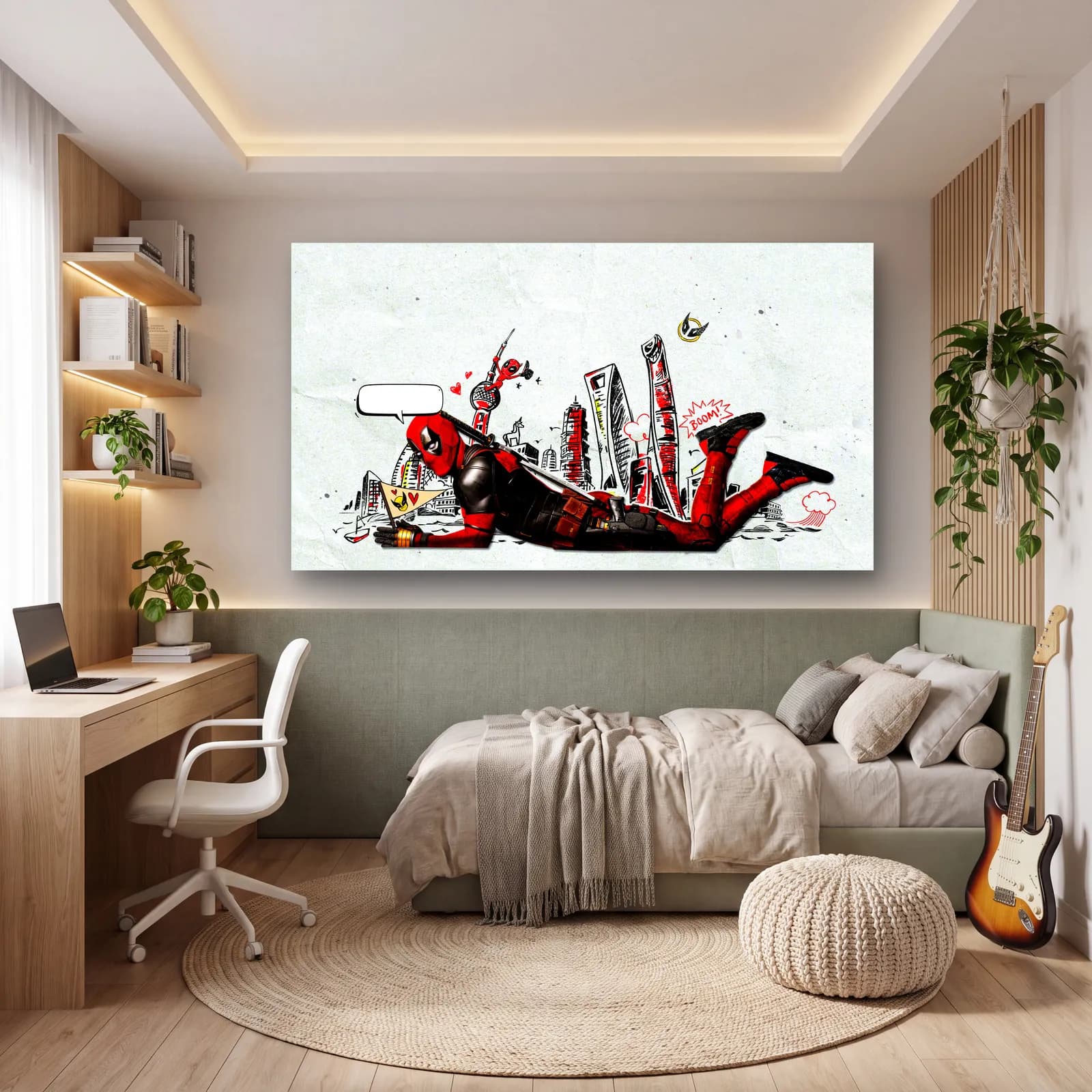 Şehirde Uzanan Deadpool cam tablo — genç odasında
