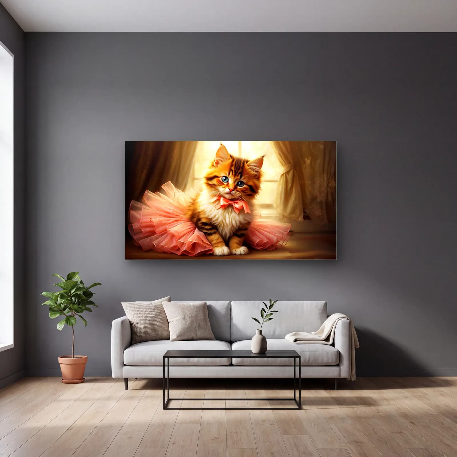 Tütülü Balerin Kedi cam tablo — gri duvarlı salonda