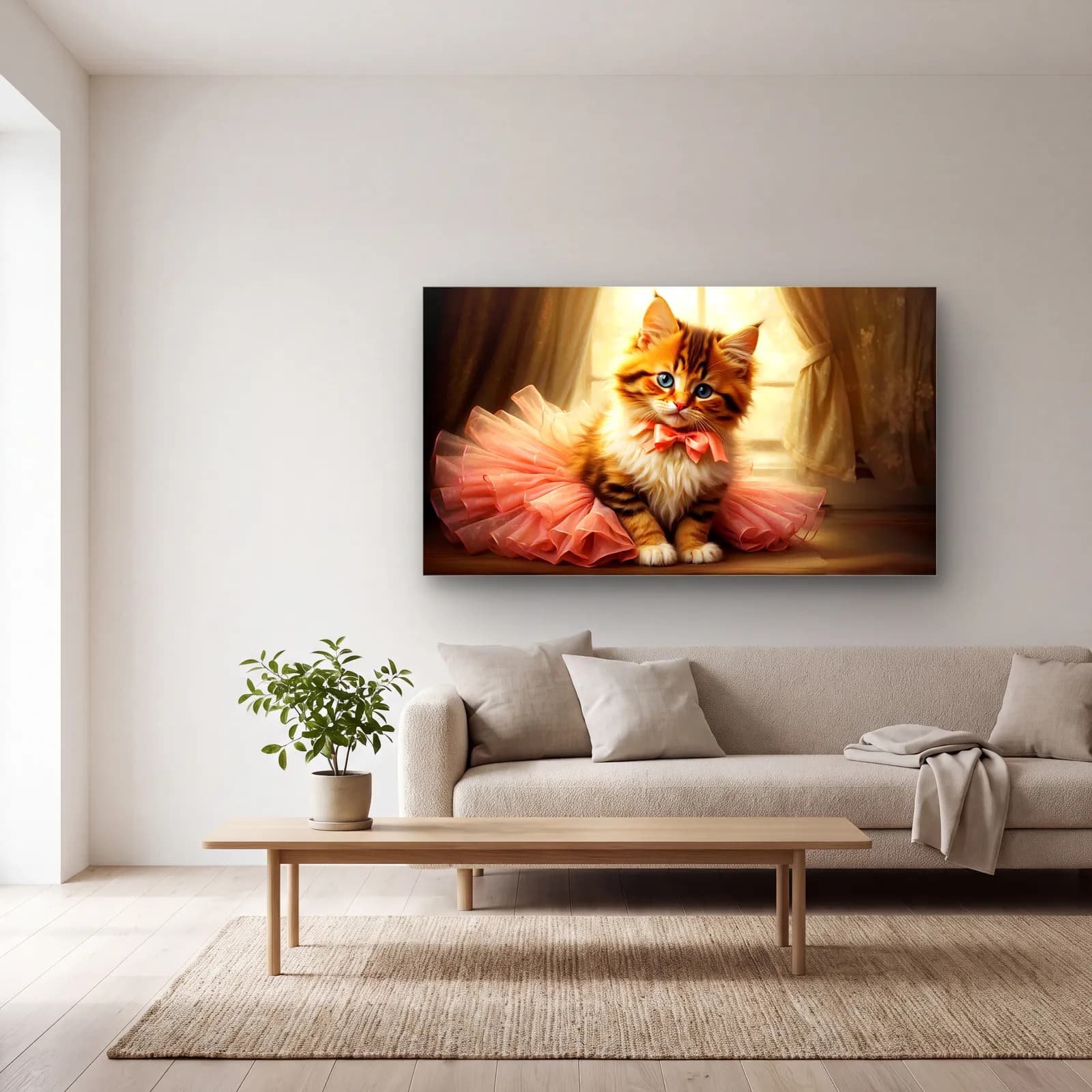 Tütülü Balerin Kedi cam tablo — açık renk salonda