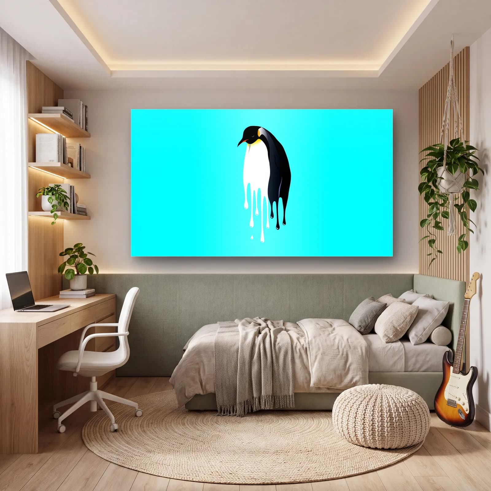 Eriyen Penguen Turkuaz cam tablo — genç odasında