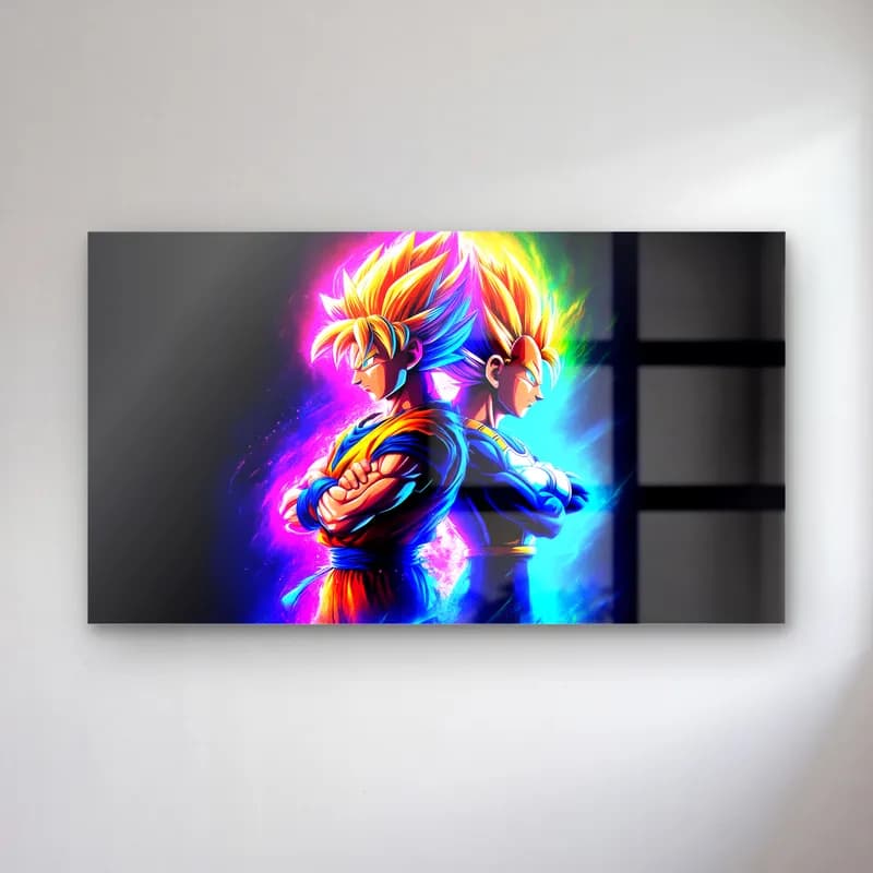 Neon Goku ve Vegeta cam tablo — Siyah zeminde neon renklerle parlayan sırt sırta Goku ve Vegeta
