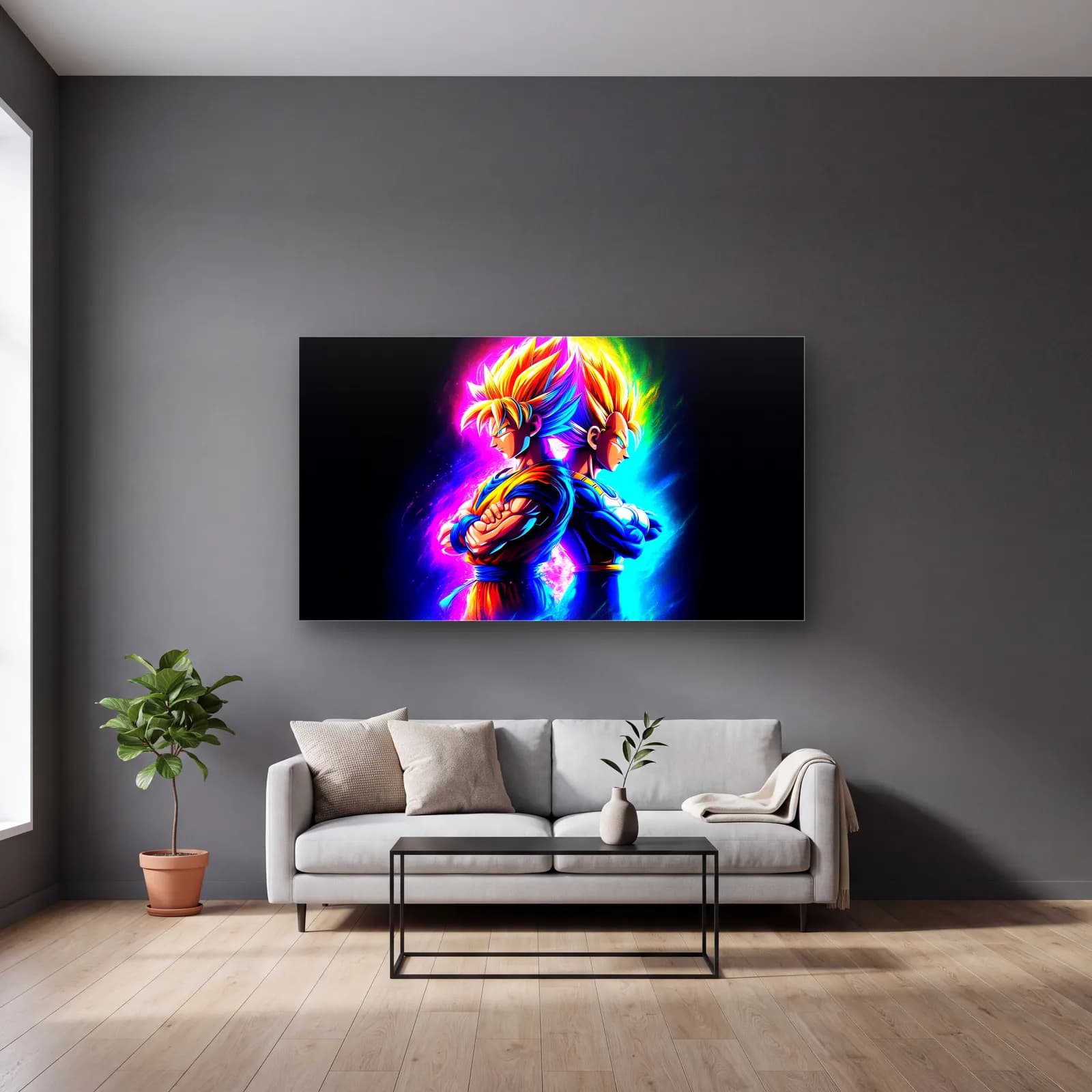 Neon Goku ve Vegeta cam tablo — gri duvarlı salonda