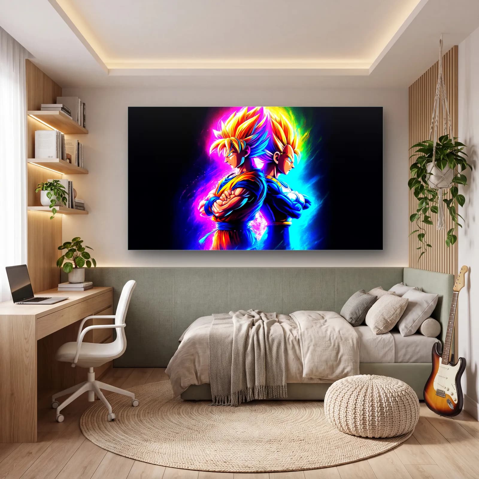Neon Goku ve Vegeta cam tablo — genç odasında