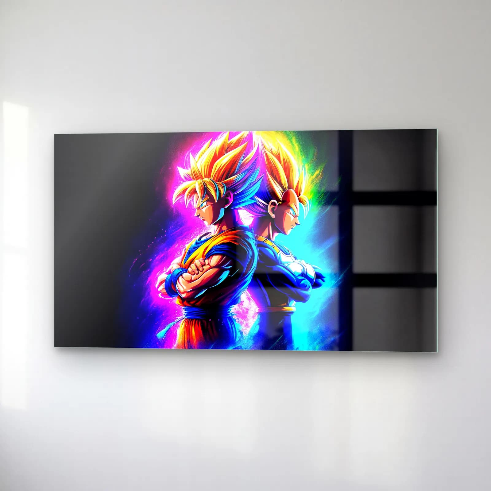 Neon Goku ve Vegeta cam tablo — sağ açıdan görünüm