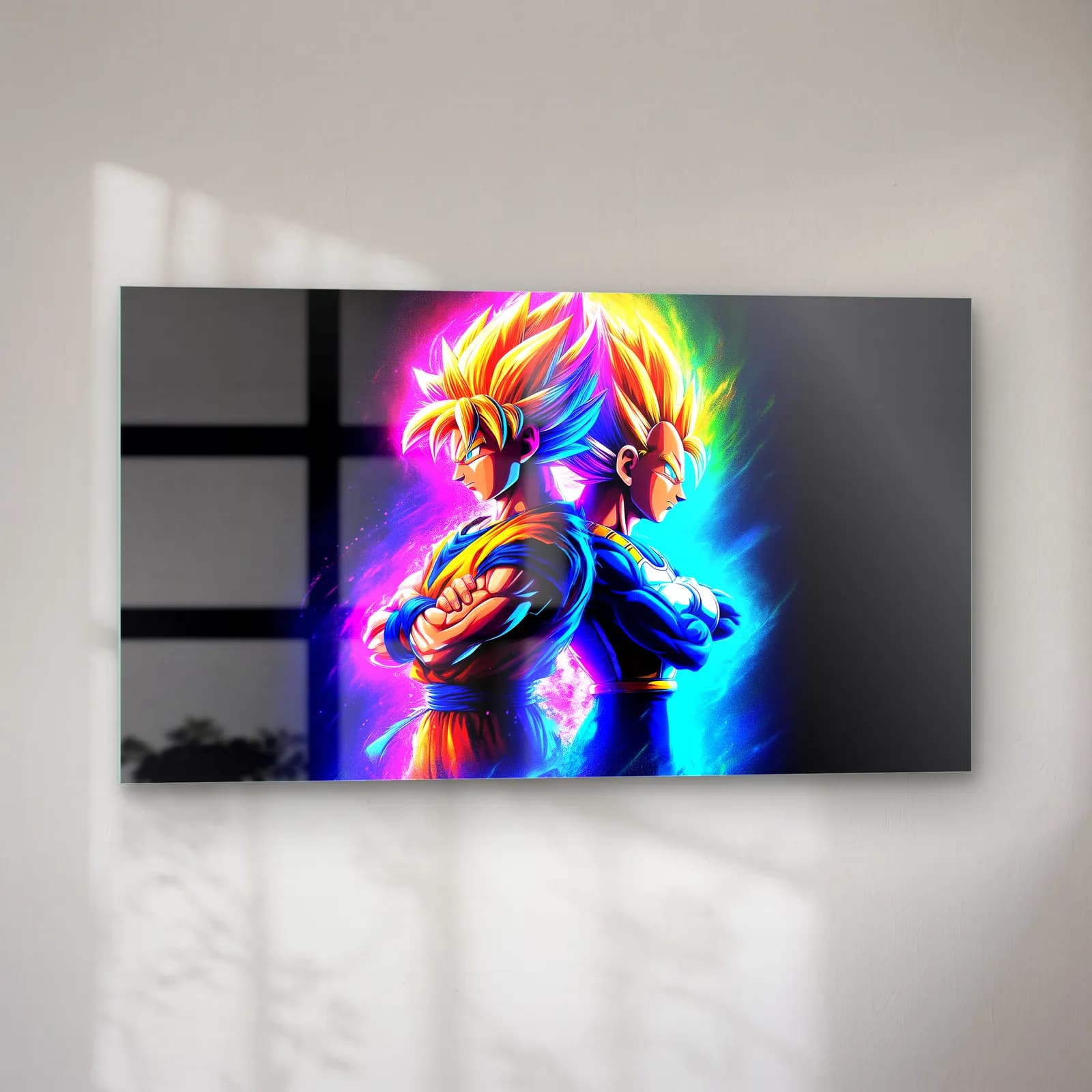 Neon Goku ve Vegeta cam tablo — sol açıdan görünüm