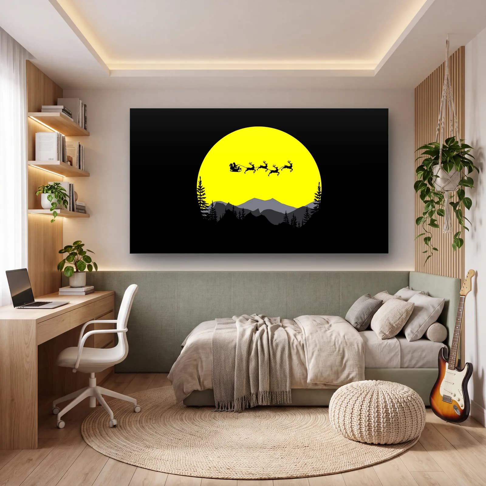 Sarı Ay ve Noel Baba Kızağı cam tablo — genç odasında
