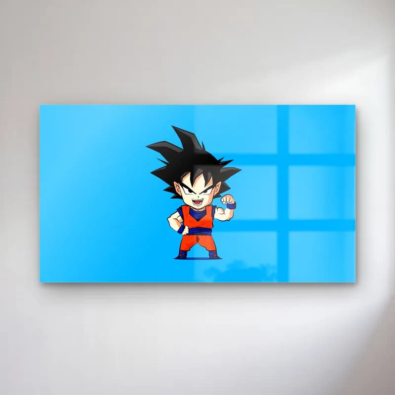 Chibi Çocuk Goku cam tablo — Mavi zeminde turuncu kıyafetli sevimli chibi çocuk Goku çizimi