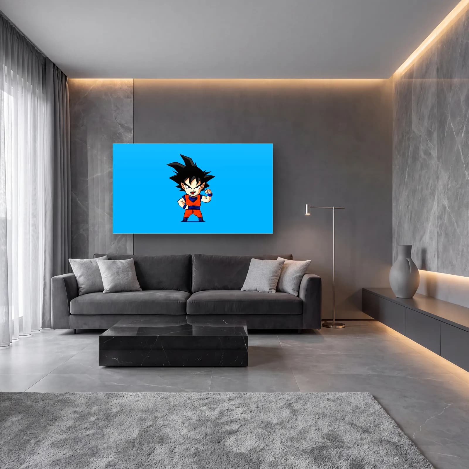 Chibi Çocuk Goku cam tablo — lüks salon duvarında