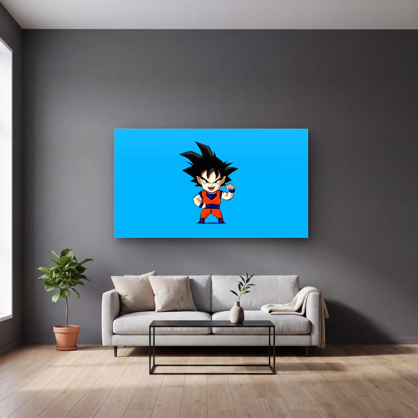Chibi Çocuk Goku cam tablo — gri duvarlı salonda