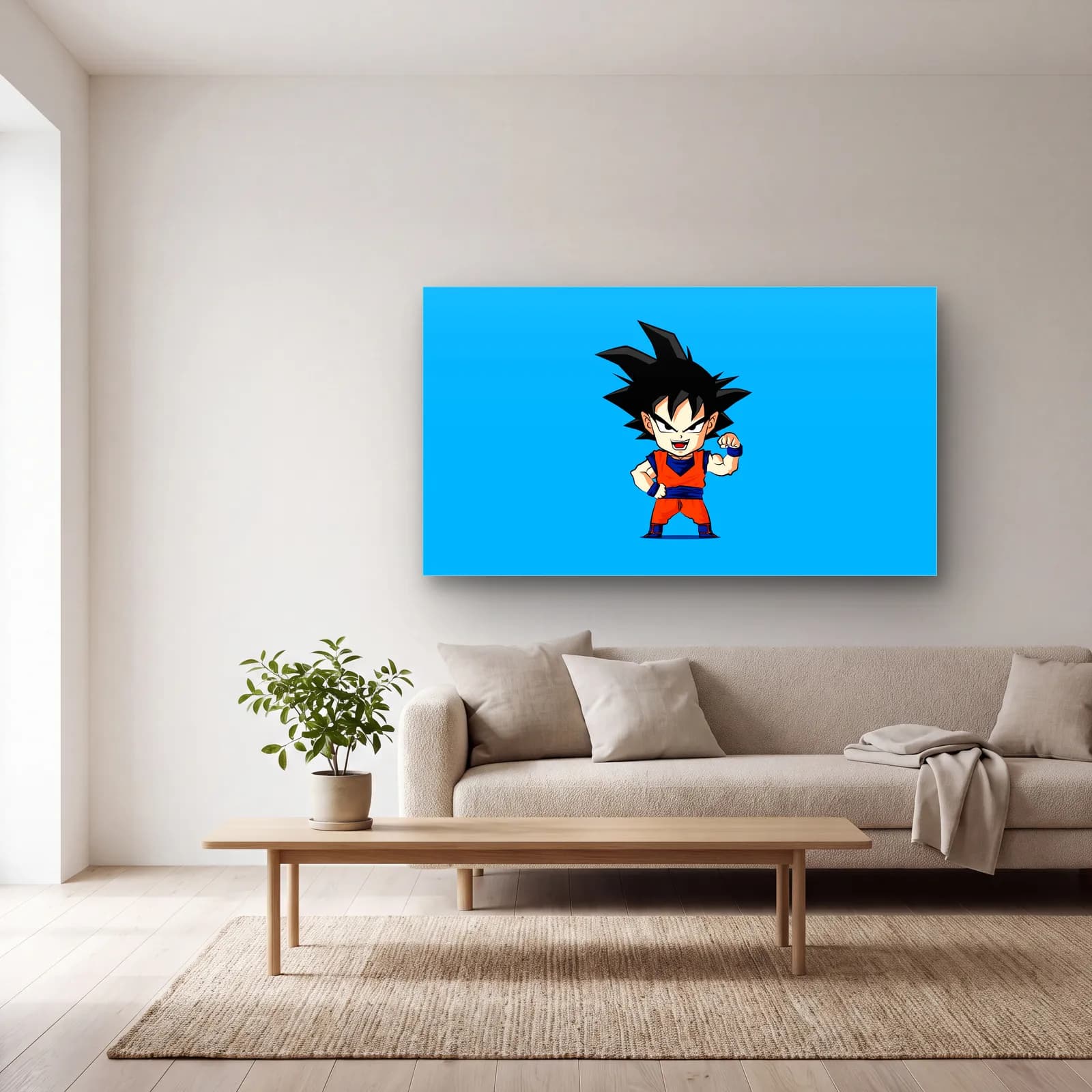 Chibi Çocuk Goku cam tablo — açık renk salonda