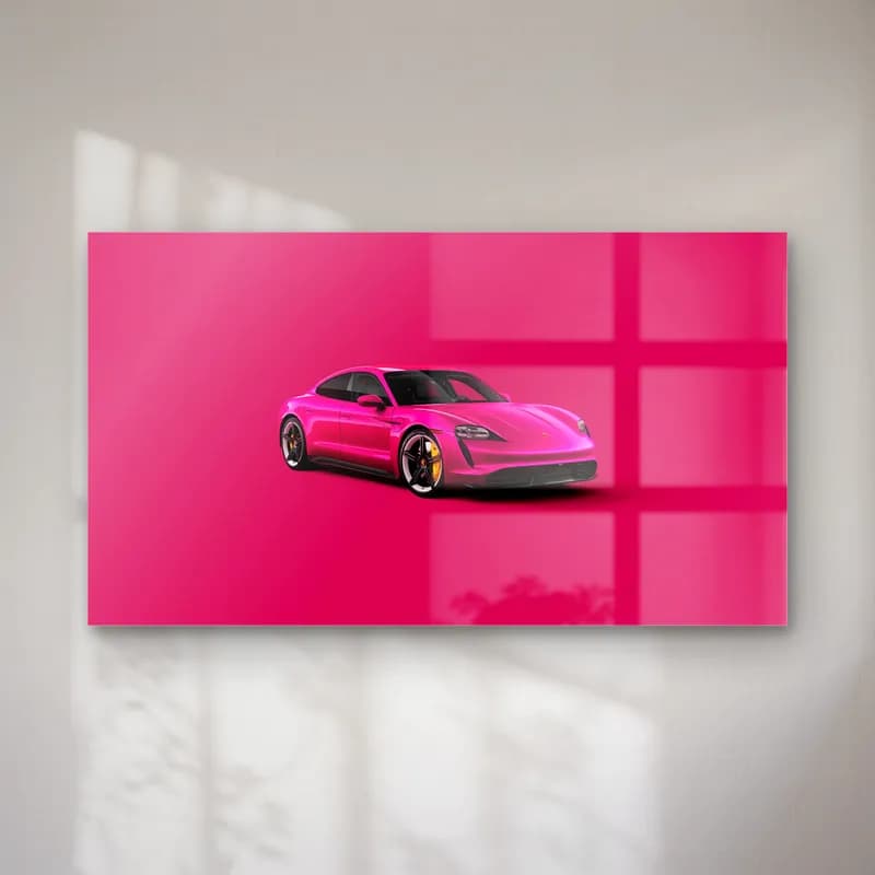 Pembe Porsche Taycan cam tablo — Pembe zemin üzerinde pembe renkli Porsche Taycan spor otomobil