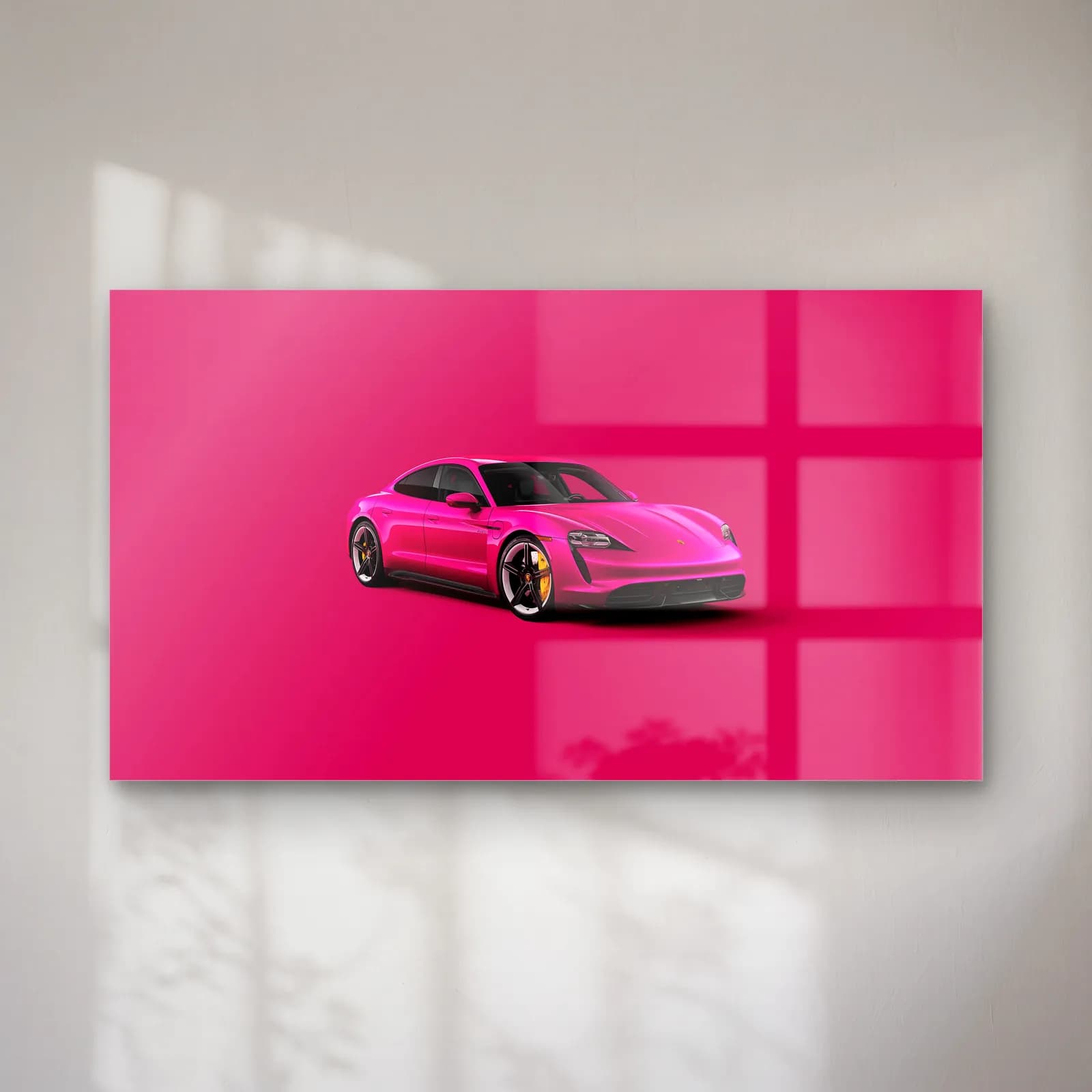 Pembe Porsche Taycan cam tablo — Pembe zemin üzerinde pembe renkli Porsche Taycan spor otomobil