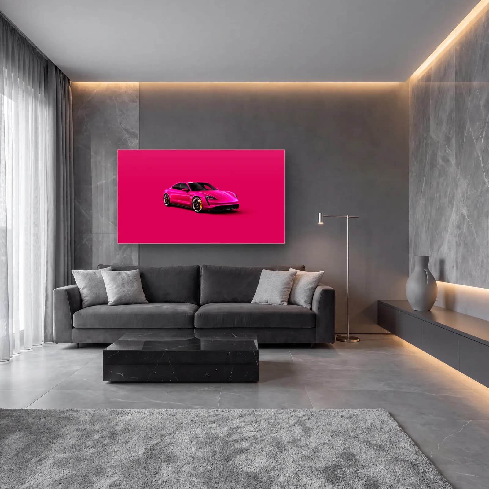 Pembe Porsche Taycan cam tablo — lüks salon duvarında