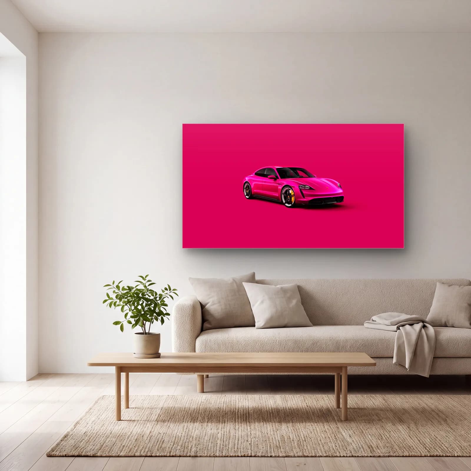 Pembe Porsche Taycan cam tablo — açık renk salonda
