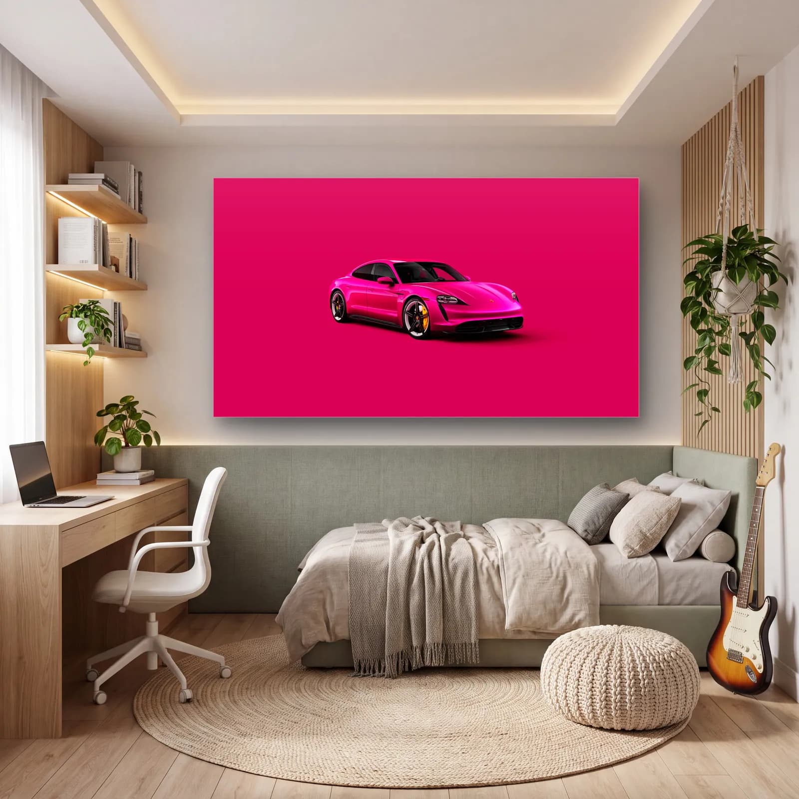 Pembe Porsche Taycan cam tablo — genç odasında