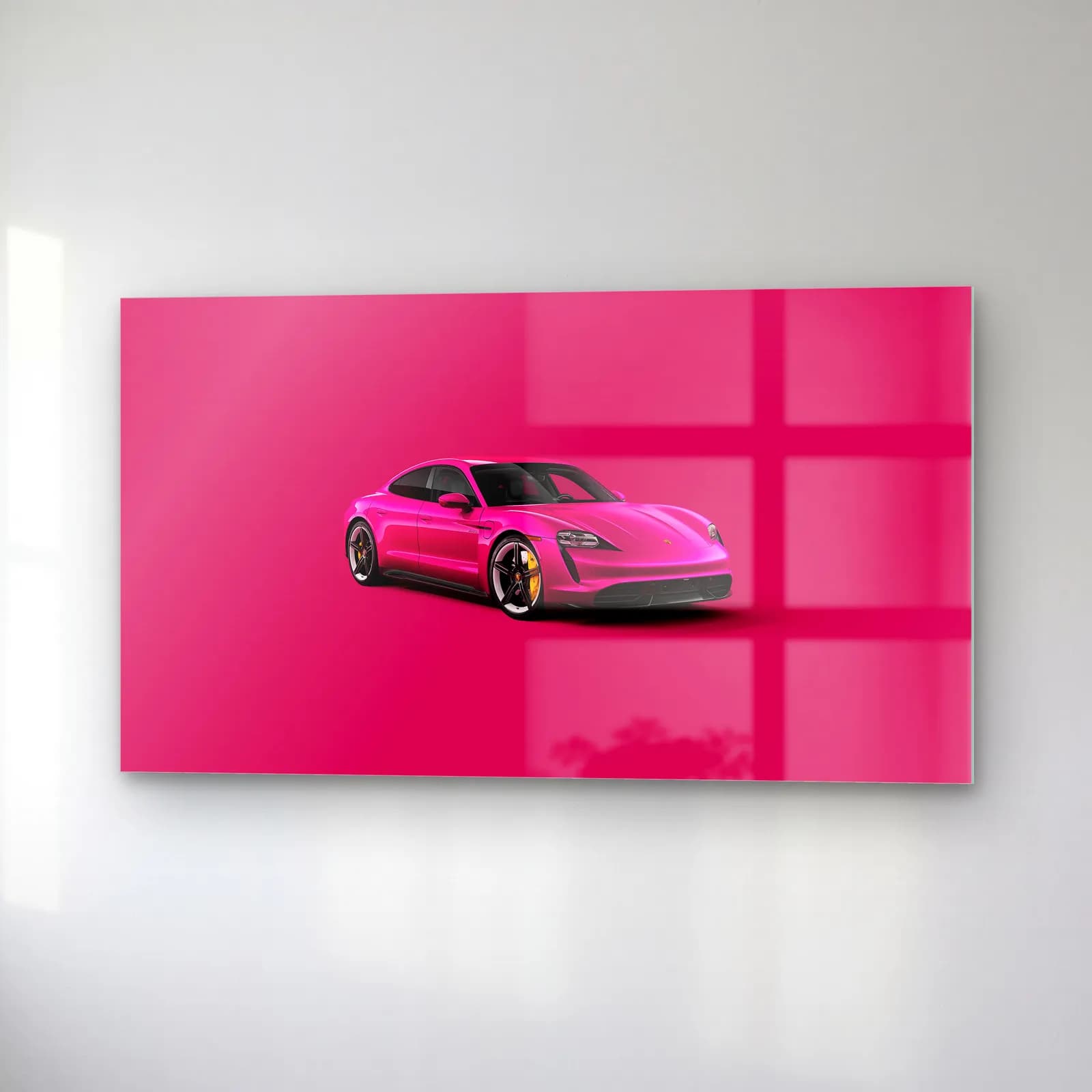 Pembe Porsche Taycan cam tablo — sağ açıdan görünüm