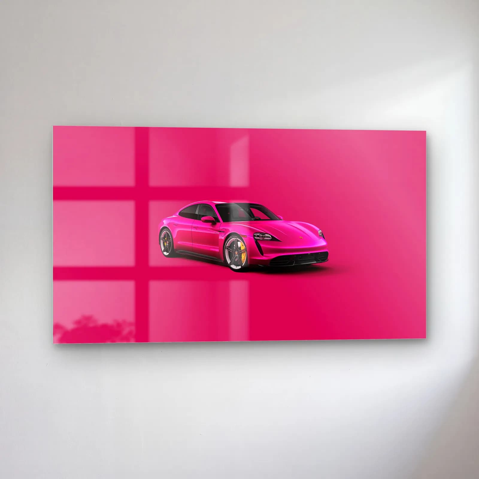 Pembe Porsche Taycan cam tablo — sol açıdan görünüm