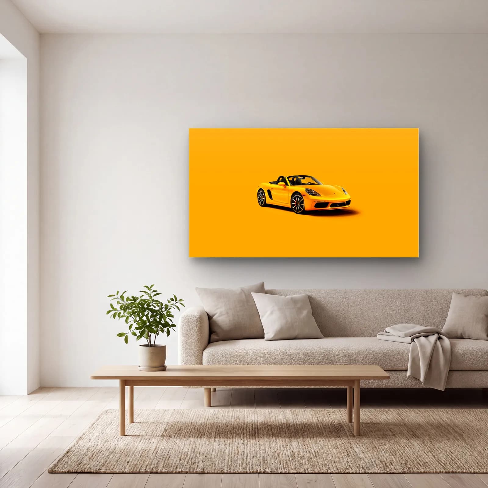 Sarı Porsche Boxster cam tablo — açık renk salonda