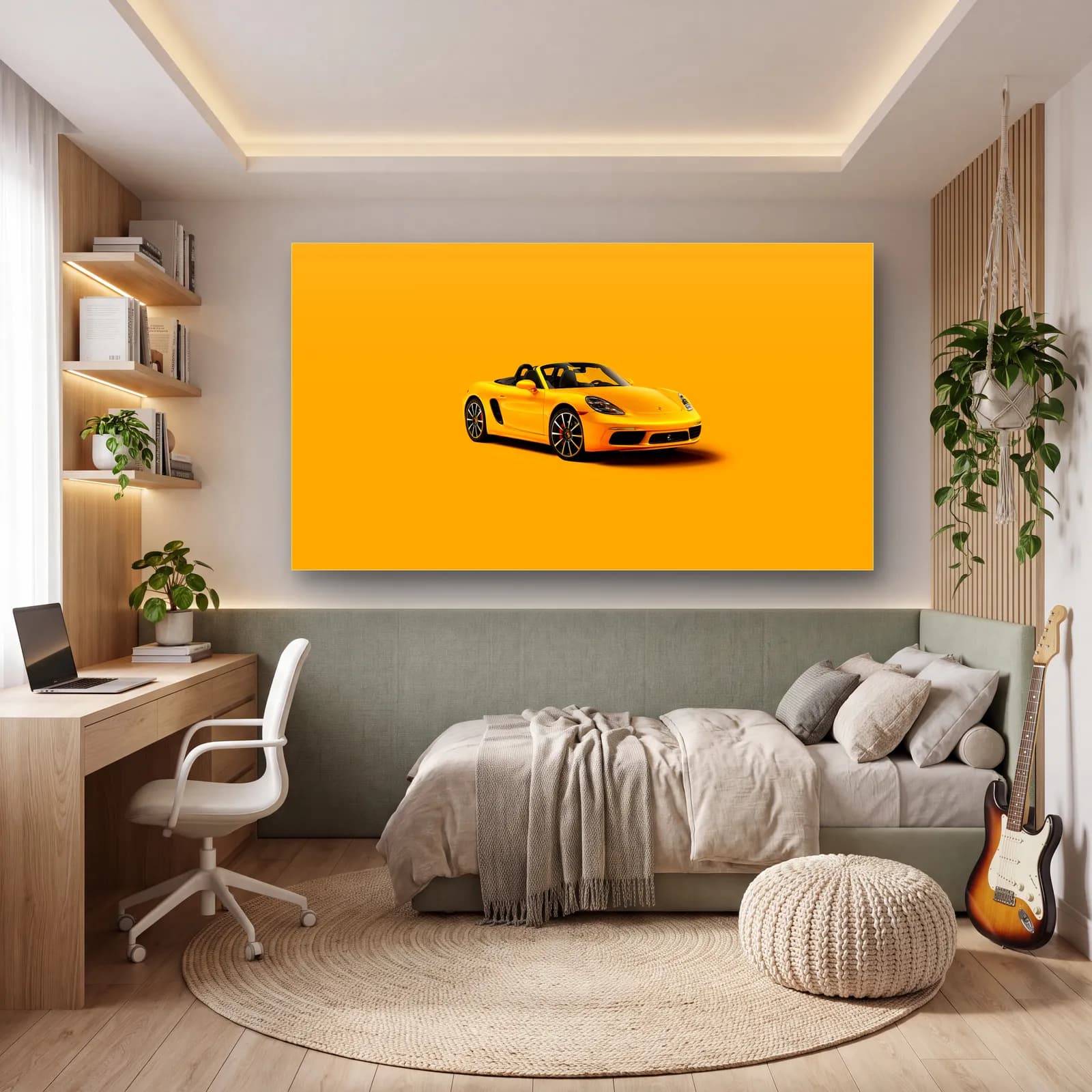 Sarı Porsche Boxster cam tablo — genç odasında