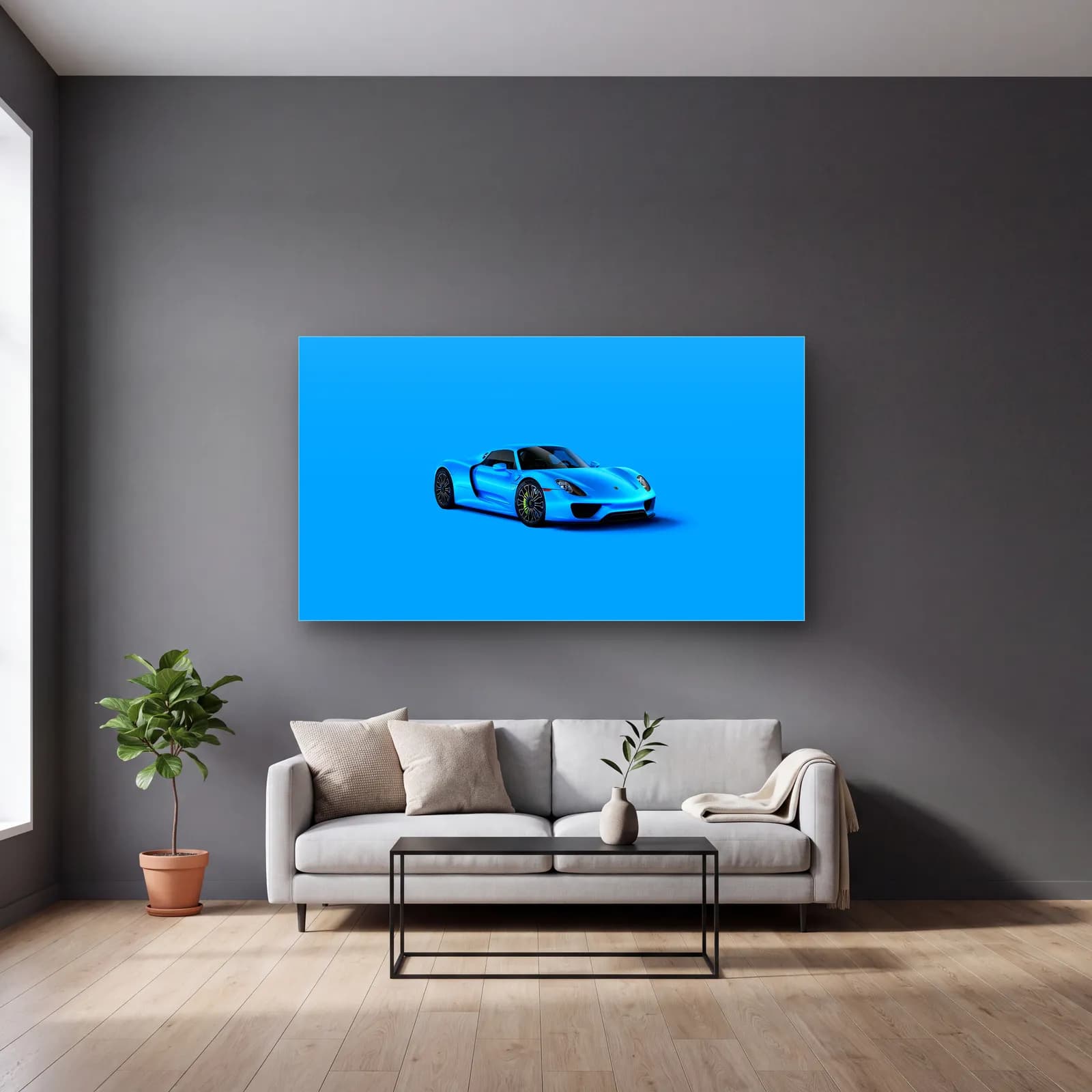 Mavi Porsche 918 Spyder cam tablo — gri duvarlı salonda