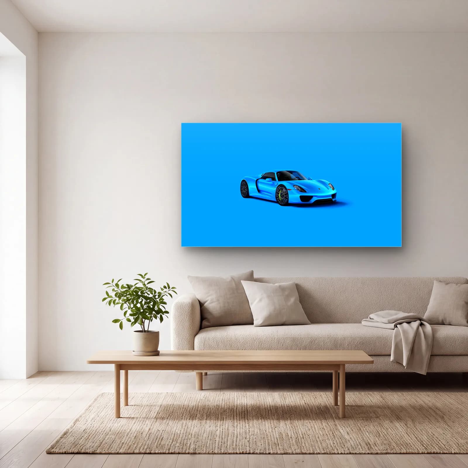 Mavi Porsche 918 Spyder cam tablo — açık renk salonda