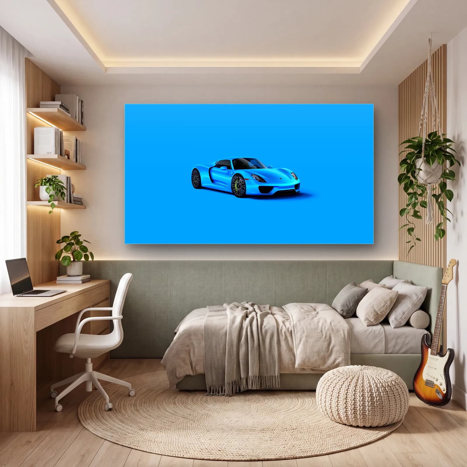 Mavi Porsche 918 Spyder cam tablo — genç odasında